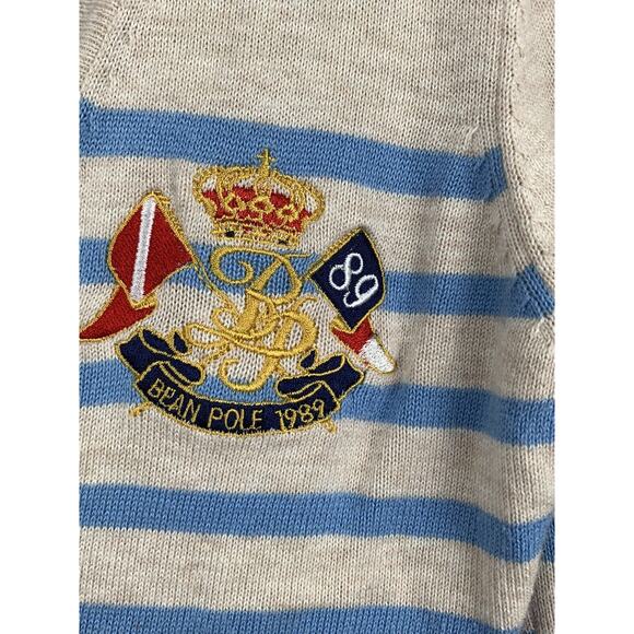 Beanpole 100‎ Sweater Womens Small oatmeal/light blue striped crest embroidered - Picture 4 of 5